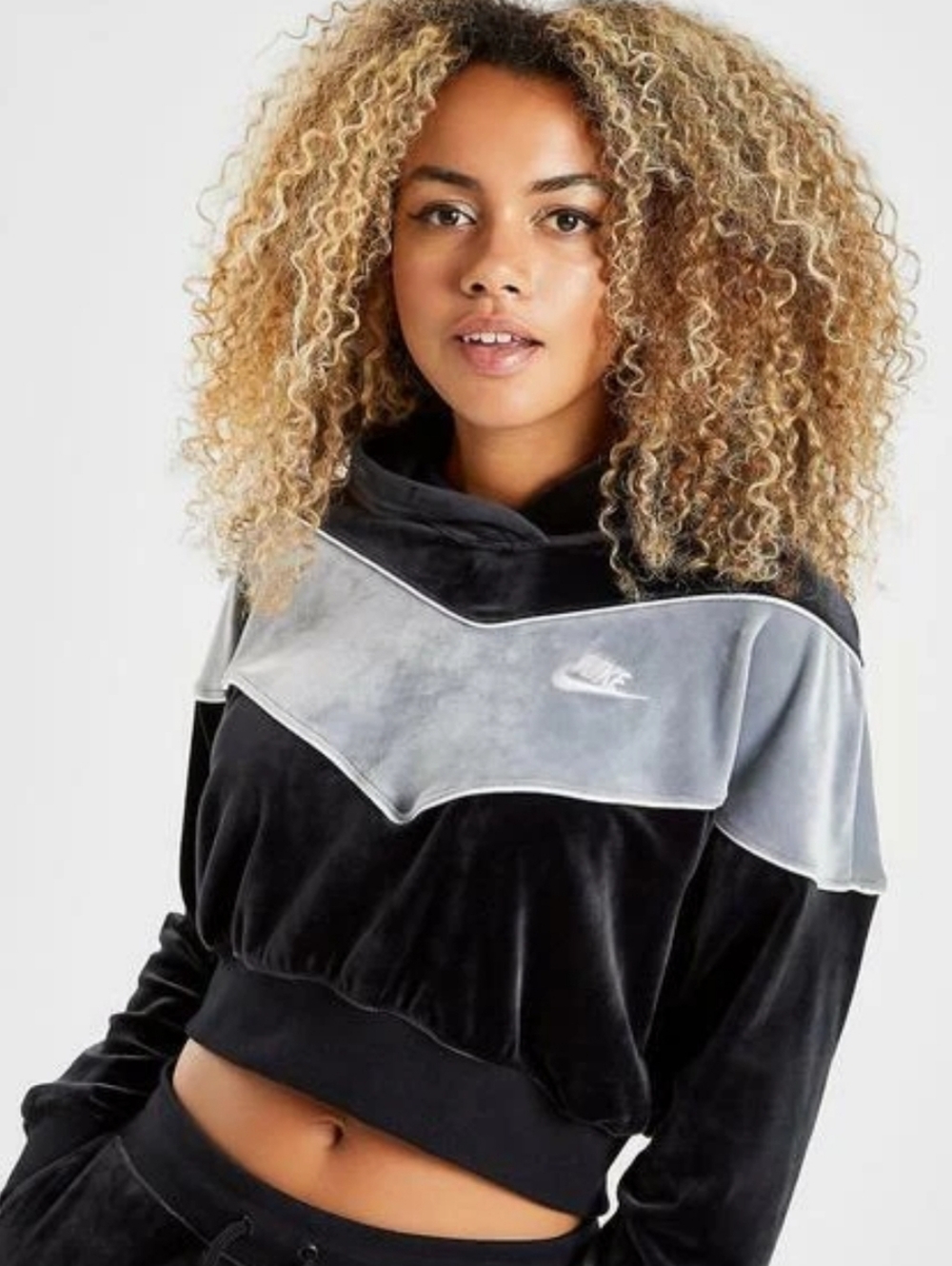 Nike Women's Black and Gray Velour Cropped Hoodie Size M